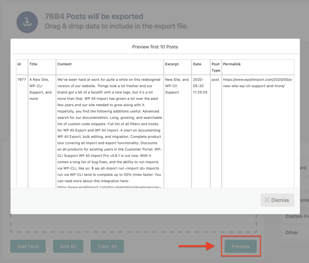 Preview to make sure your WordPress CSV/XML export is correctly configured.