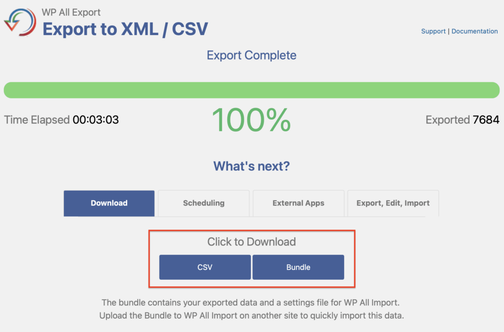 Click to download your WordPress CSV/XML export.