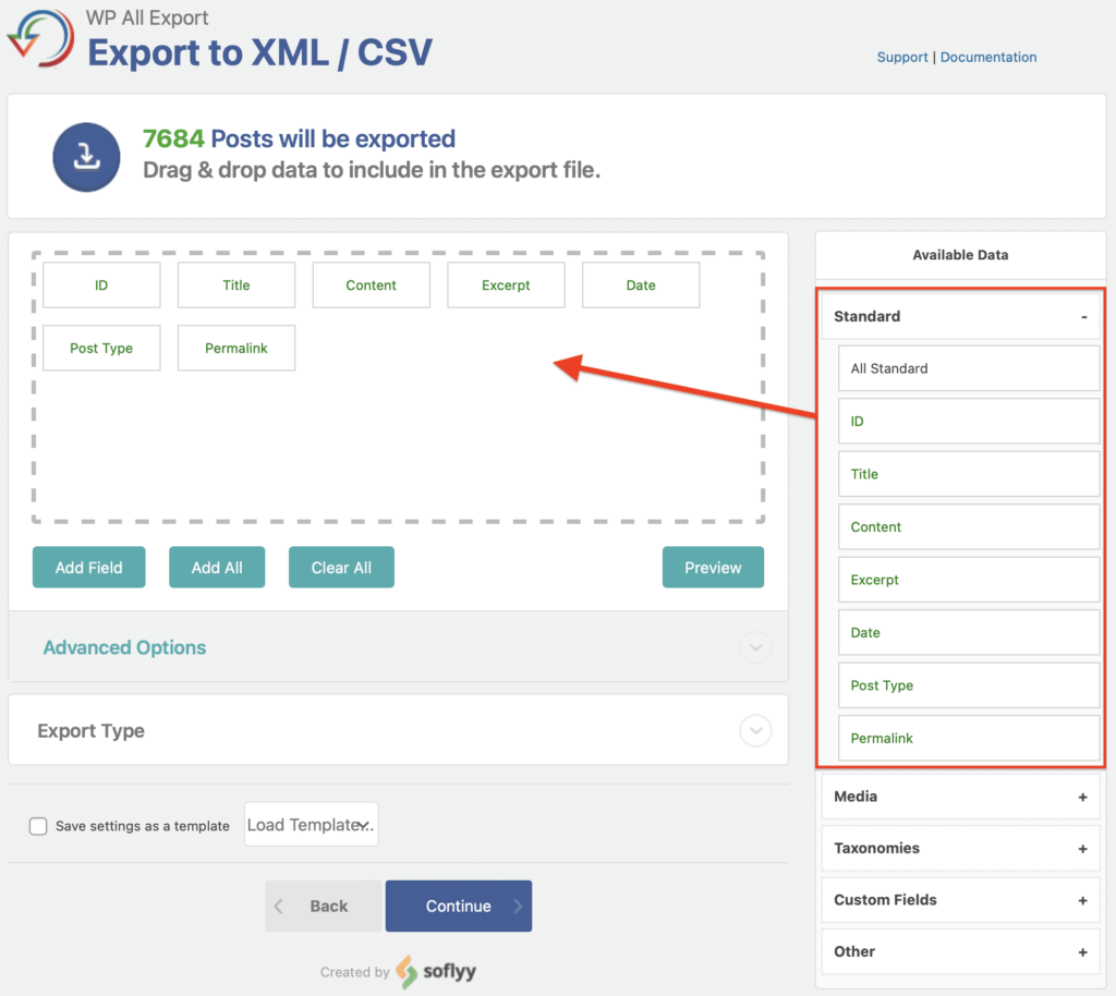 Drag and drop to set up your custom WordPress CSV/XML export.