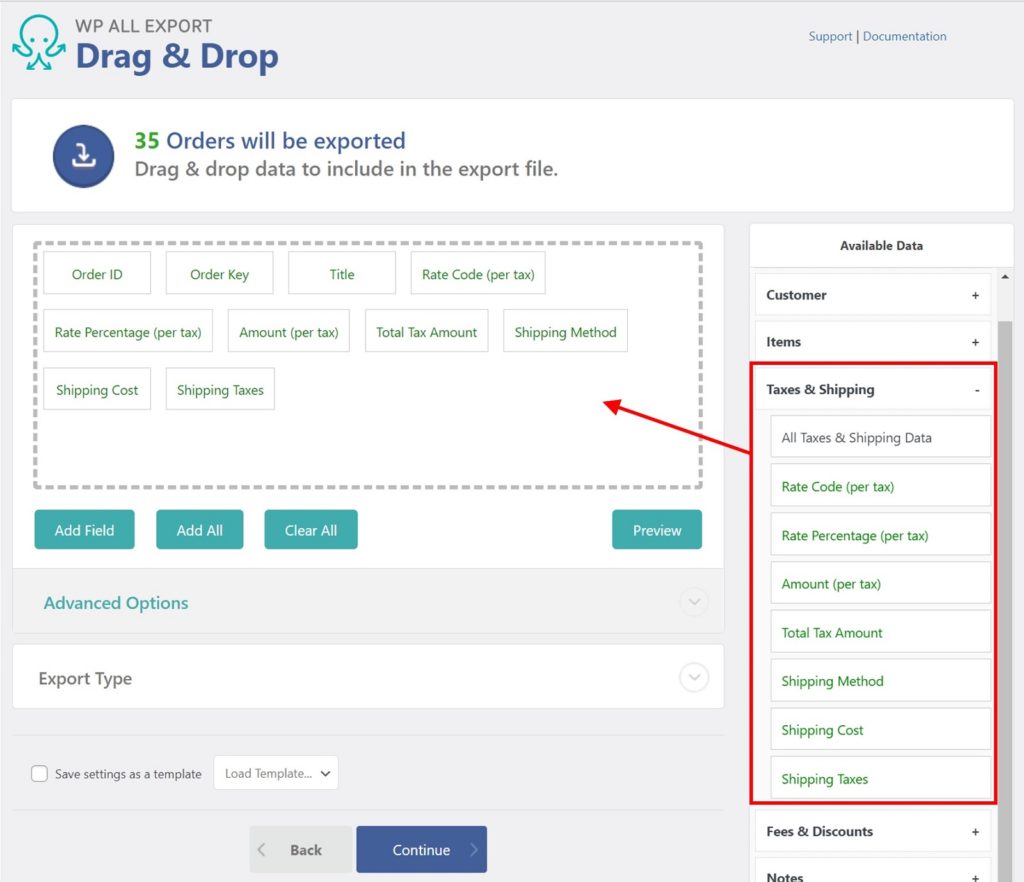 Export WooCommerce Orders Taxes and Shipping Section