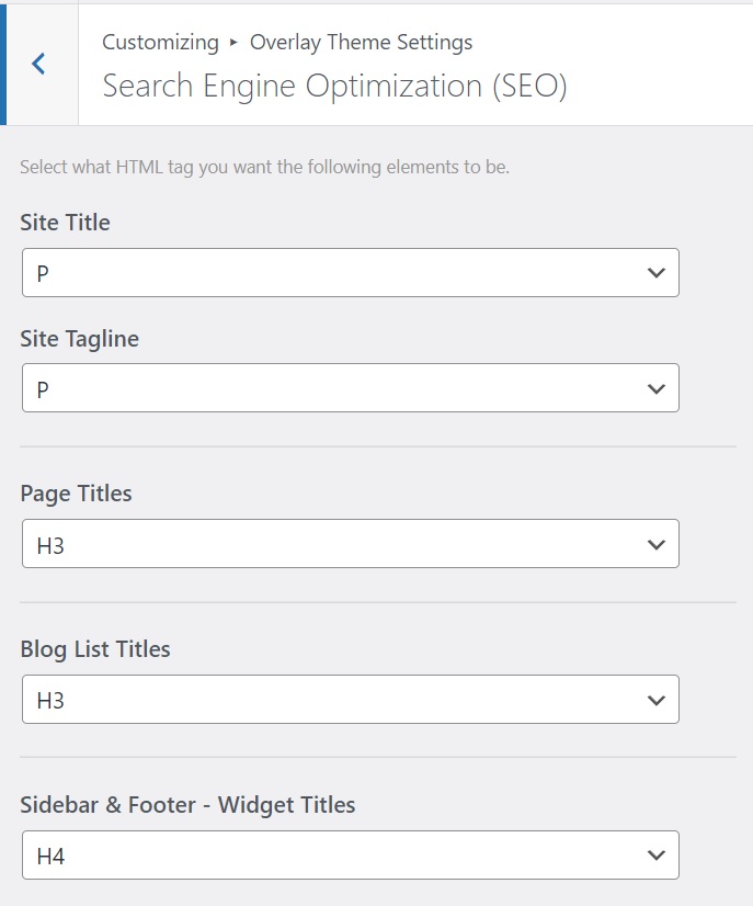 Search Engine Optimization Settings
