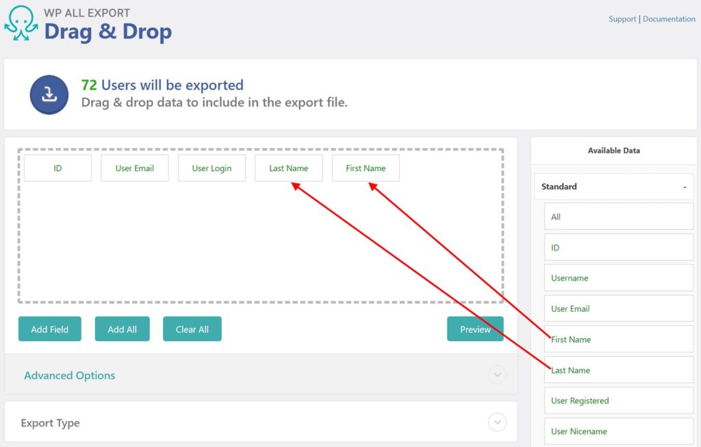 Export WordPress Users Drag and Drop