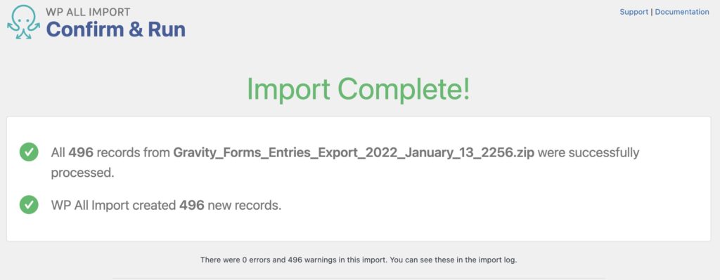 Confirm and Run Import Complete