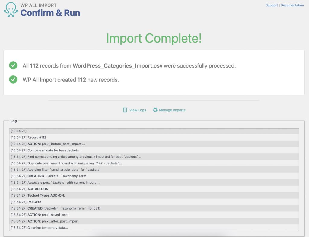 Import WordPress Categories and Tags Import Complete Screen