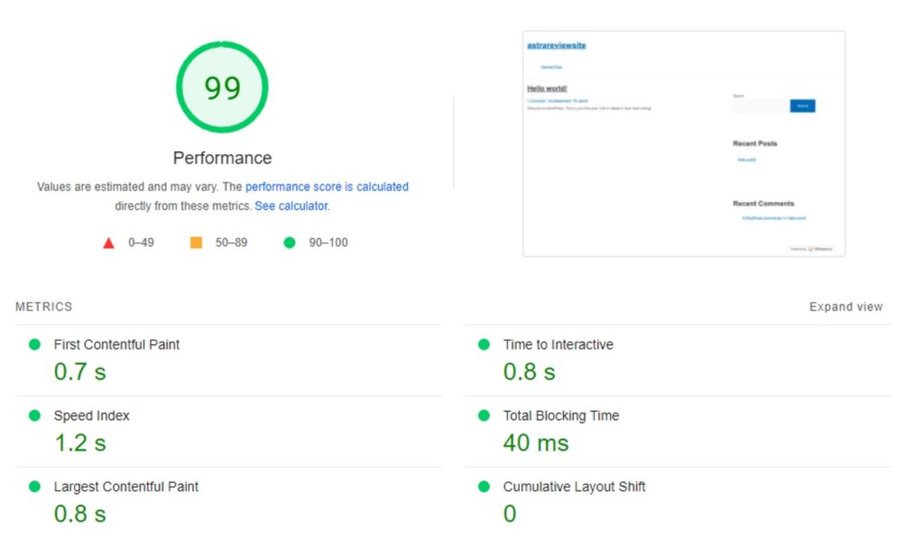 Astra Theme Pagespeed Results First Test