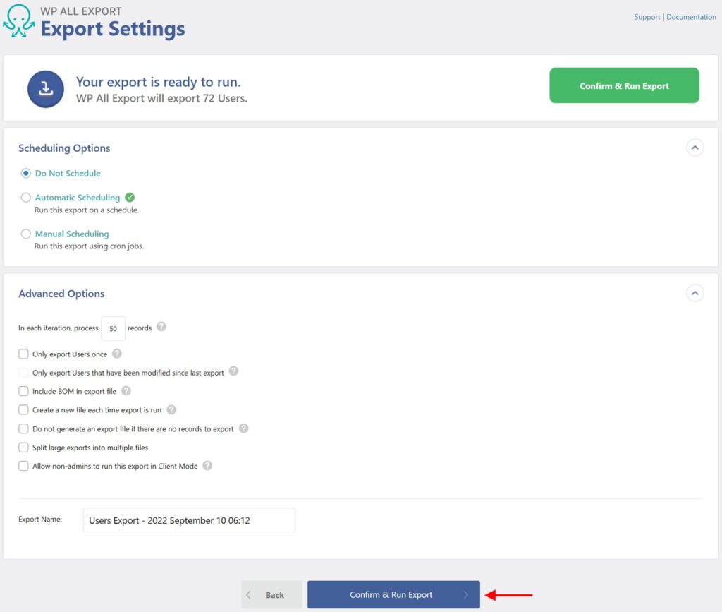 Export WordPress Users Export Settings