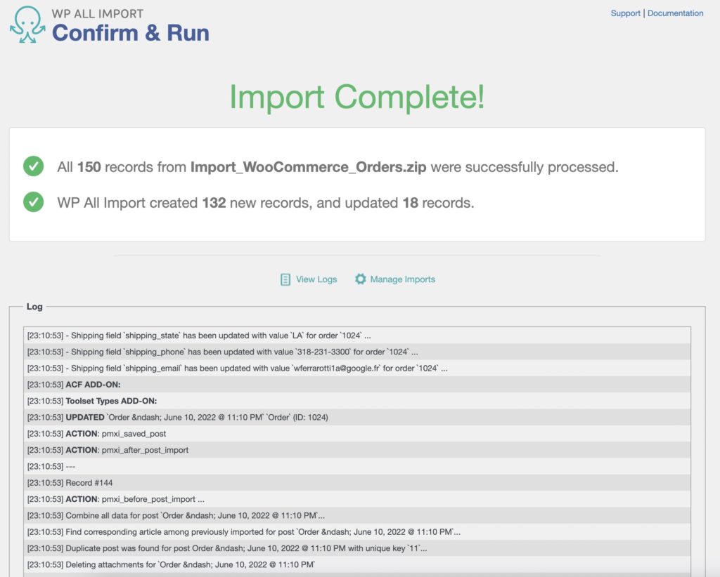 Import WooCommerce Orders Import Complete