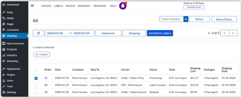 WooCommerce Shipping Services Generate Labels