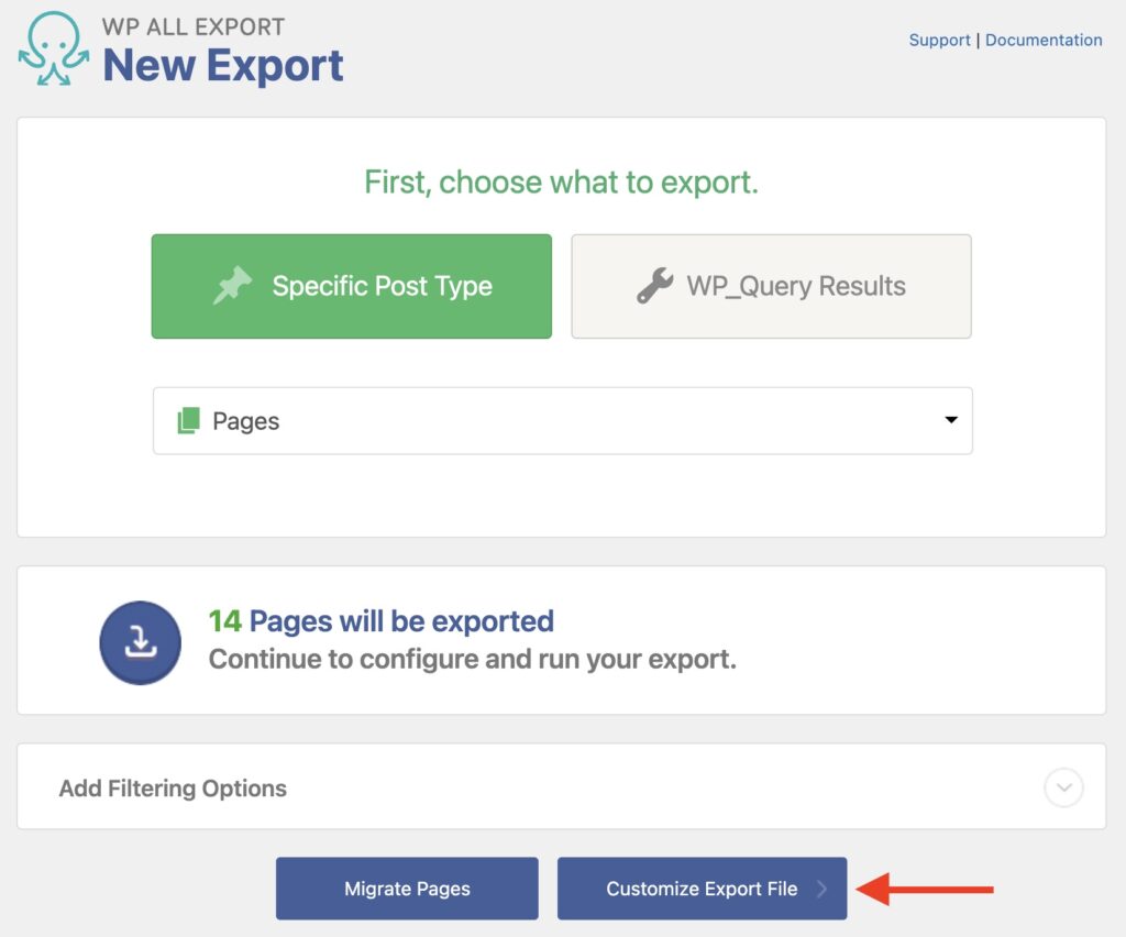 Export WordPress Pages Create New Export