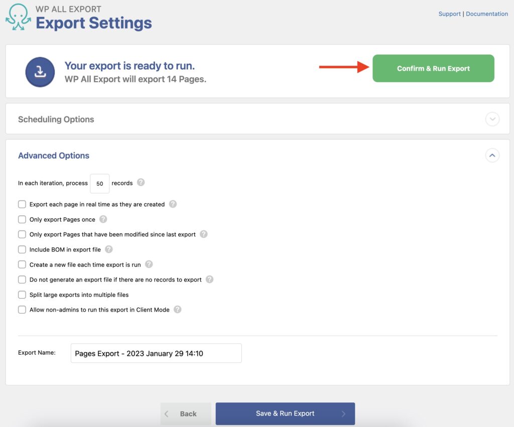 Export WordPress Pages Export Settings