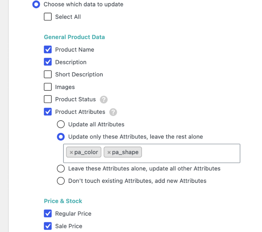 select which firlds to update already selected