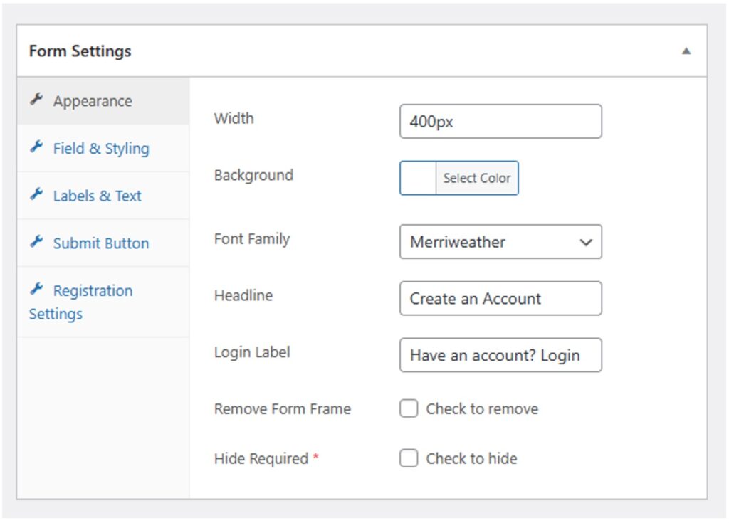 Custom WordPress Registration Form Settings
