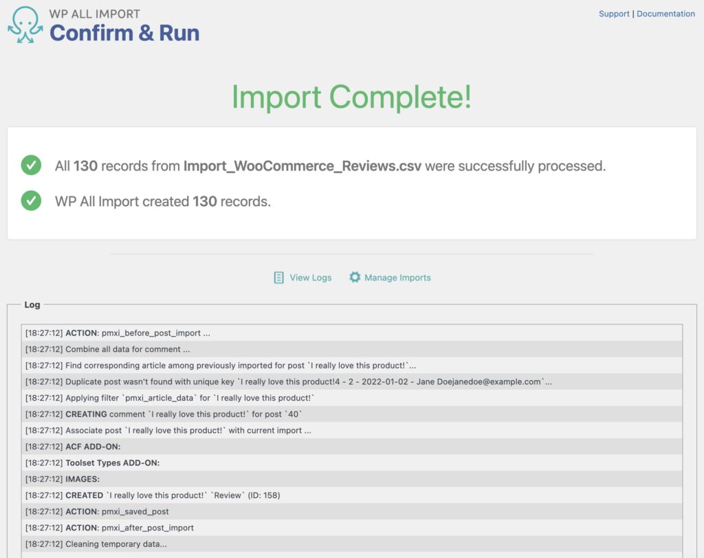 Import Reviews to WooCommerce Import Complete