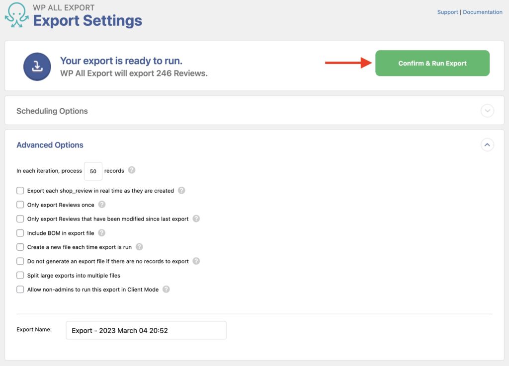 Export WooCommerce Reviews Export Settings Screen