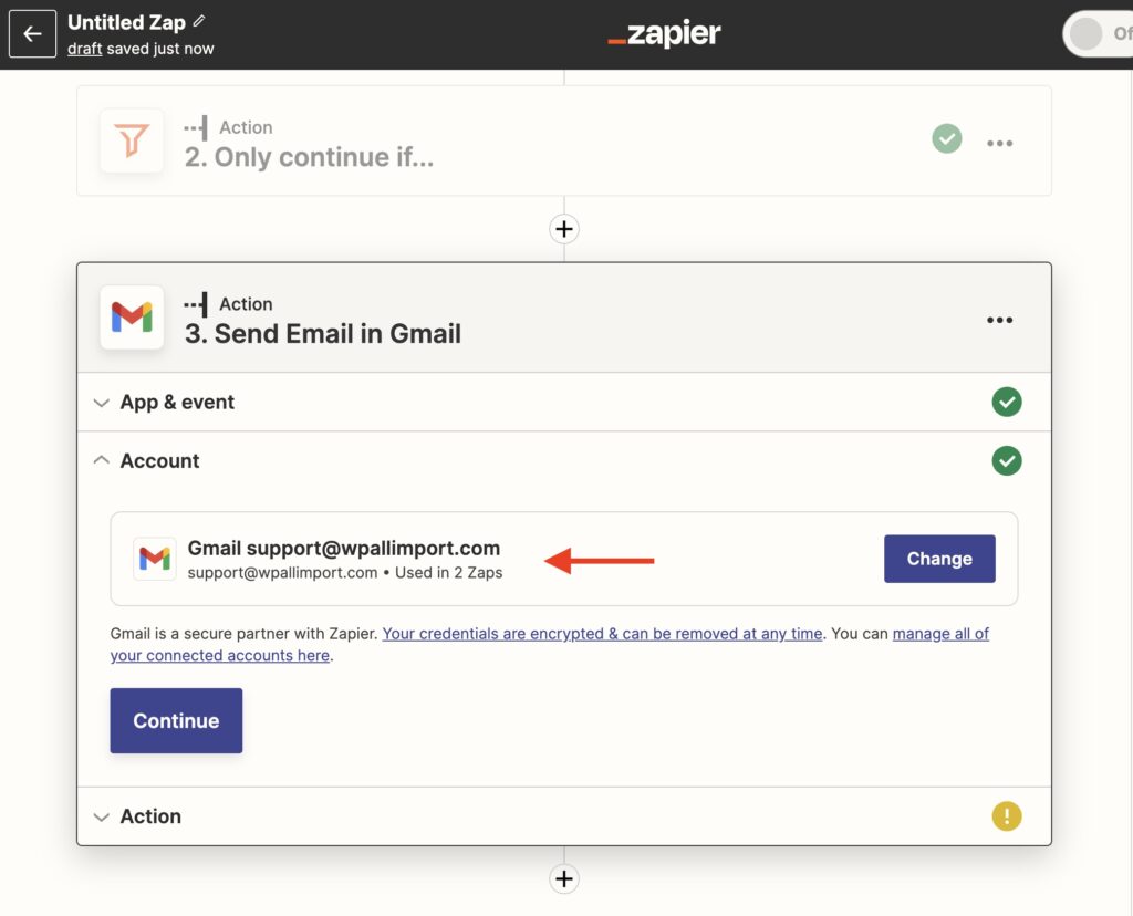 Zapier WordPress Choose Gmail Account