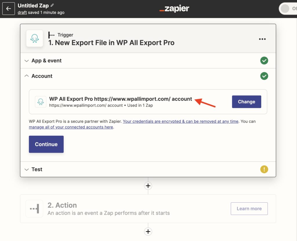 Zapier WordPress Site Account Chosen