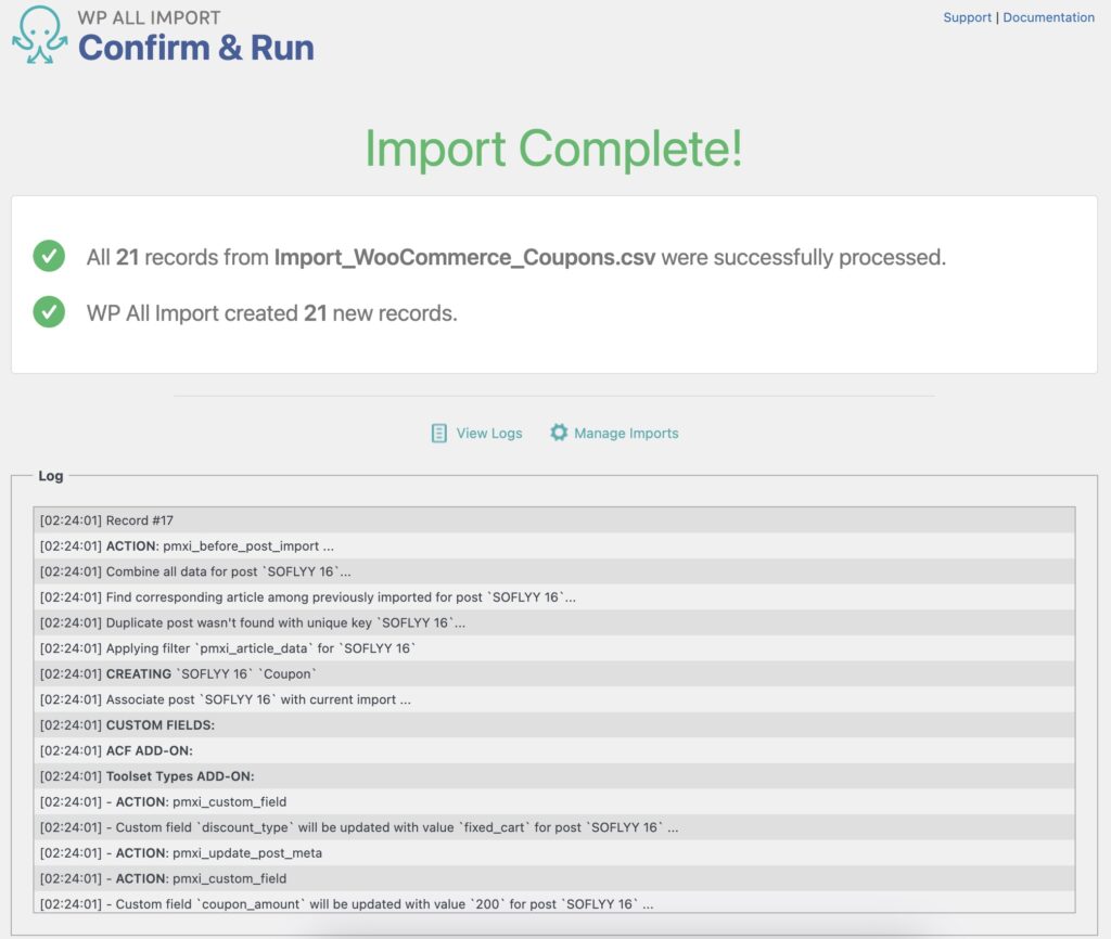 Import WooCommerce Coupons Import Complete
