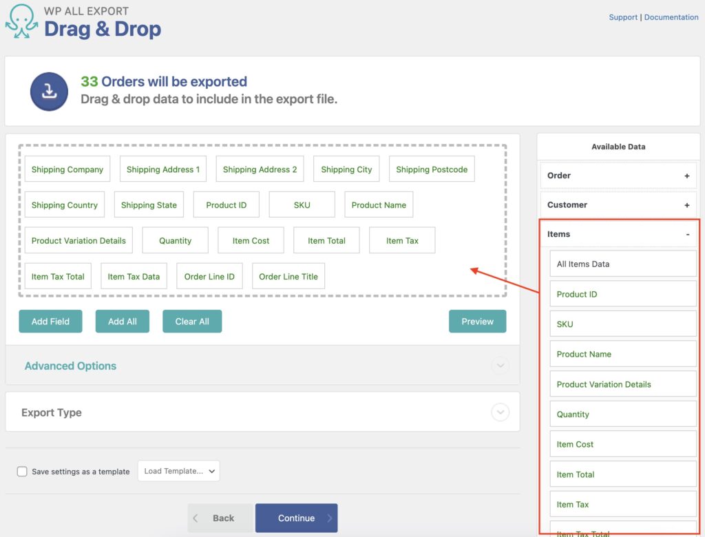 Export WooCommerce Data Items Section