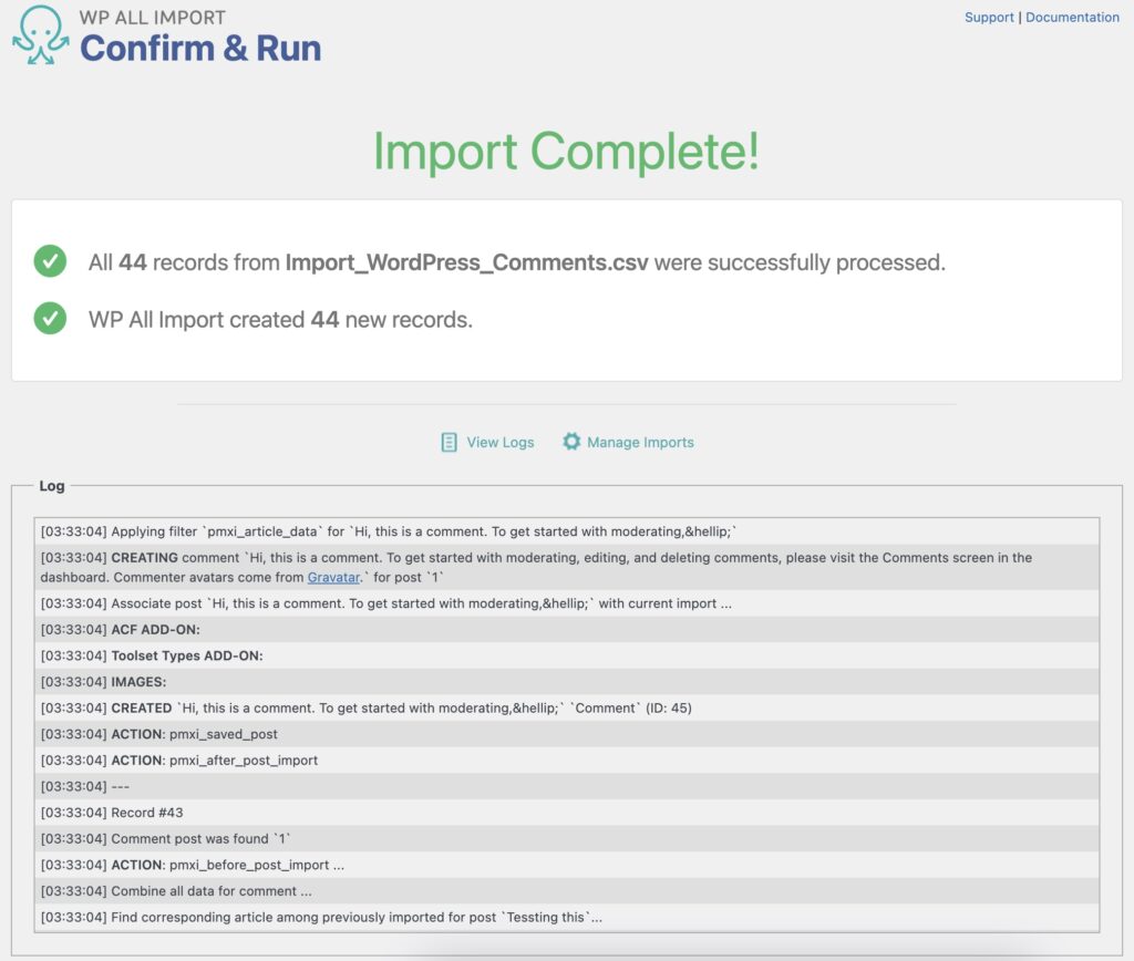 Import WordPress Comments Import Complete