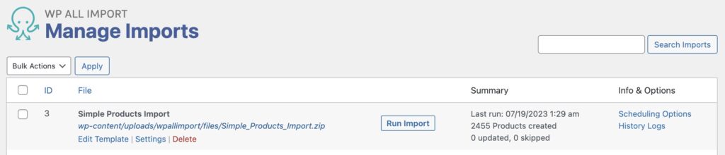 Manage Imports Settings and Run Import