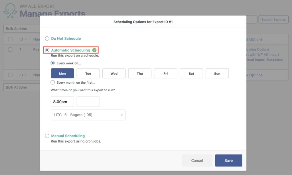 Automatic Scheduling Service and Scheduling Options for Export