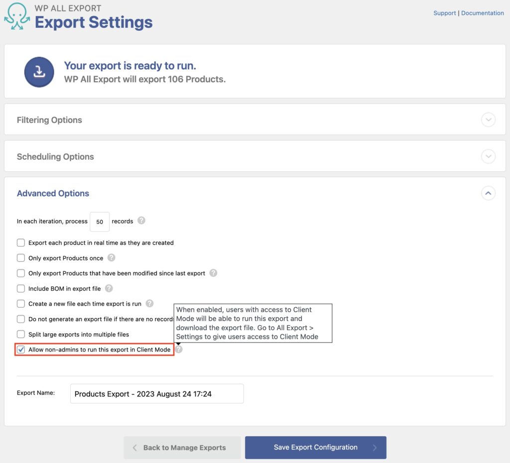 Export Enabled For Non Admin Client Mode WP All Export