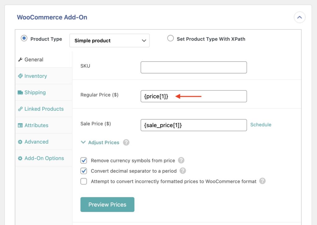 Woocommerce Update Product Price - Map Price Fields