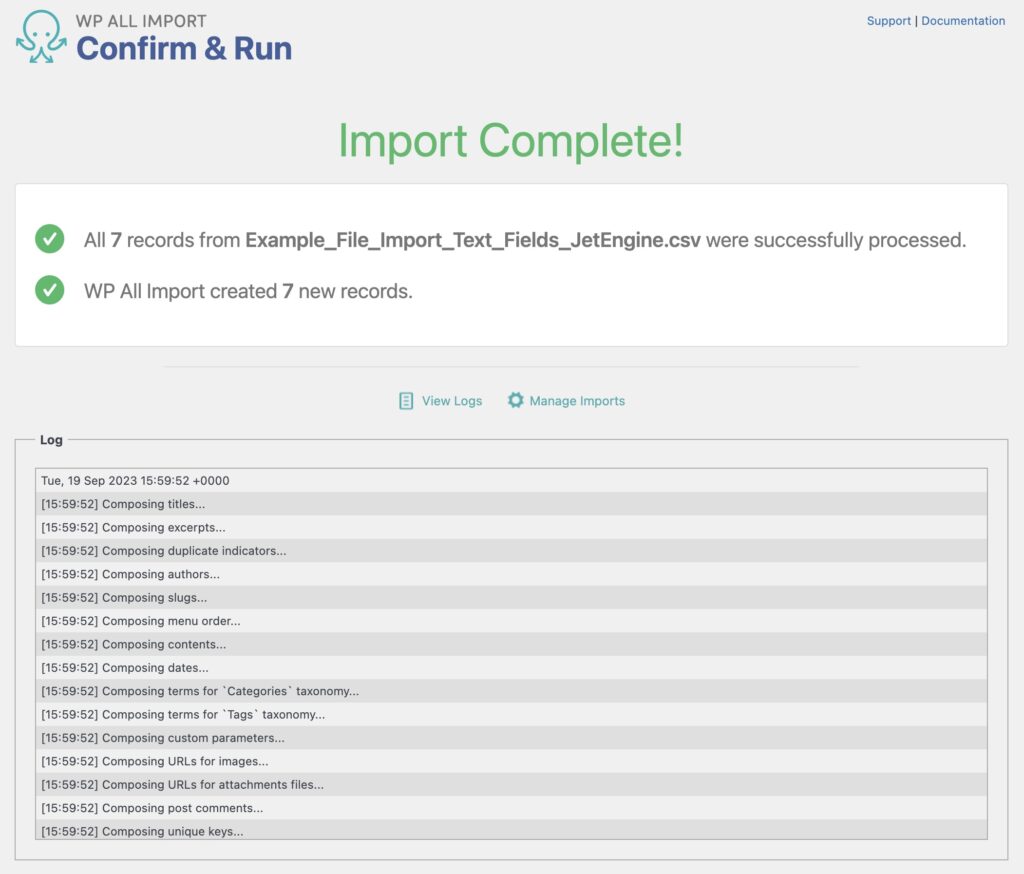 Import JetEngine Text Fields Import Complete