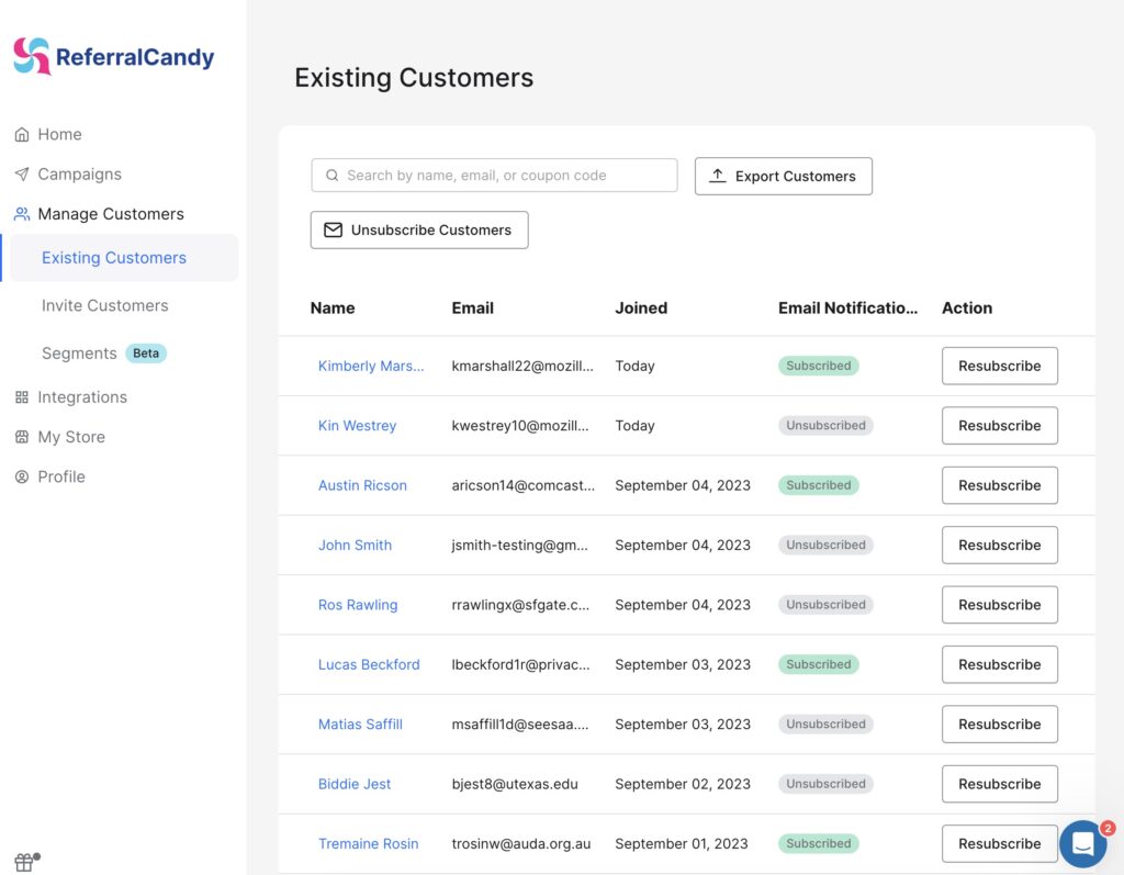 ReferralCandy Manage Existing Customers