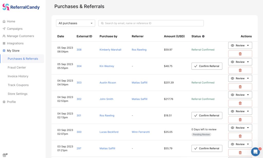ReferralCandy Purchases and Referrals Example