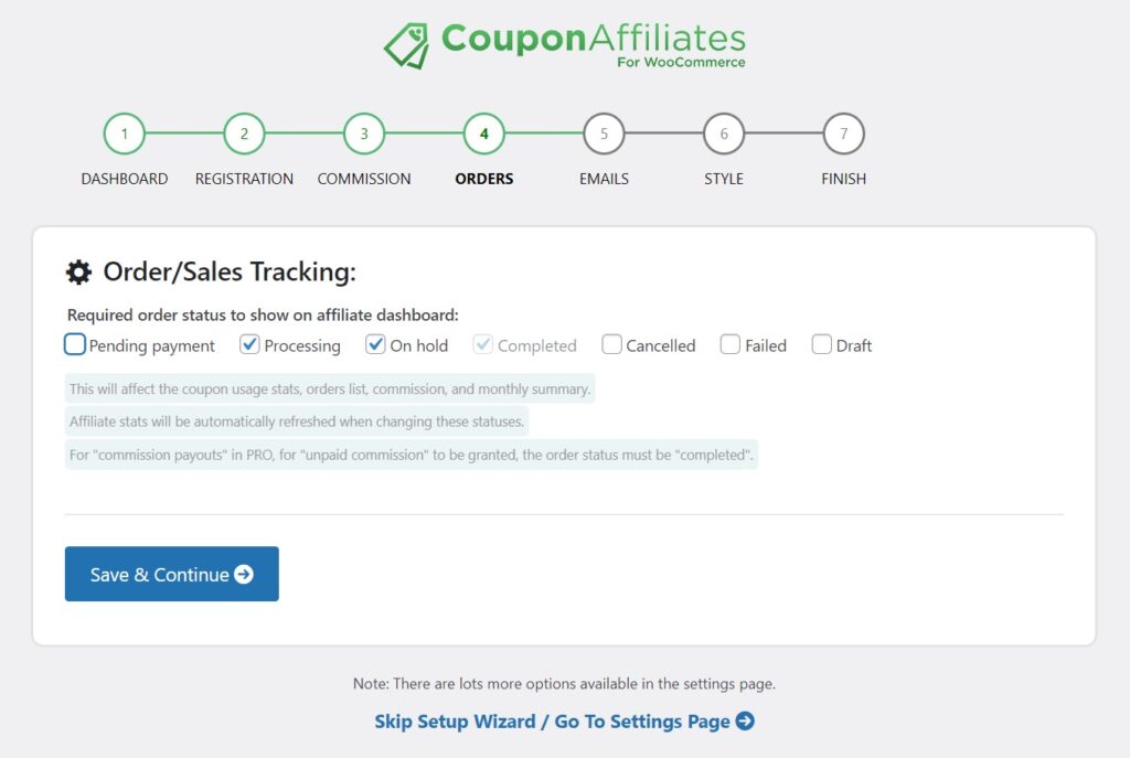 Coupon Affiliates Setup Wizard Order Sales Tracking