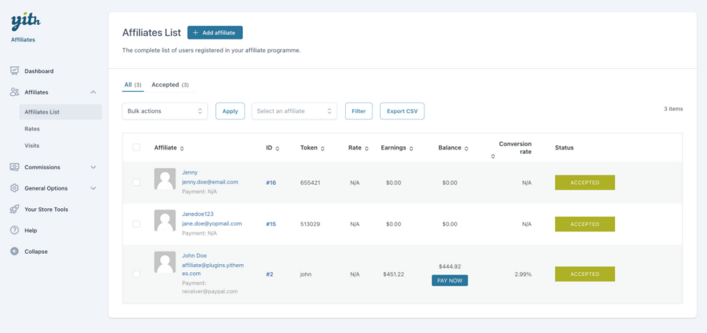 YITH Affiliates list