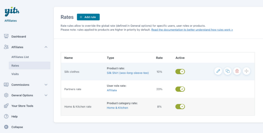 YITH affiliate rates
