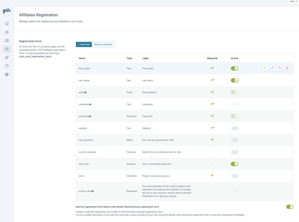 YITH affiliate registration