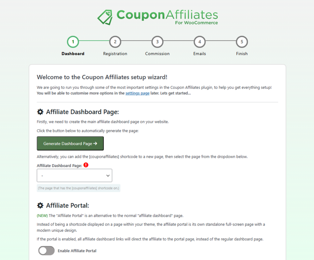 coupon affiliate create dashboard page from setup wizard