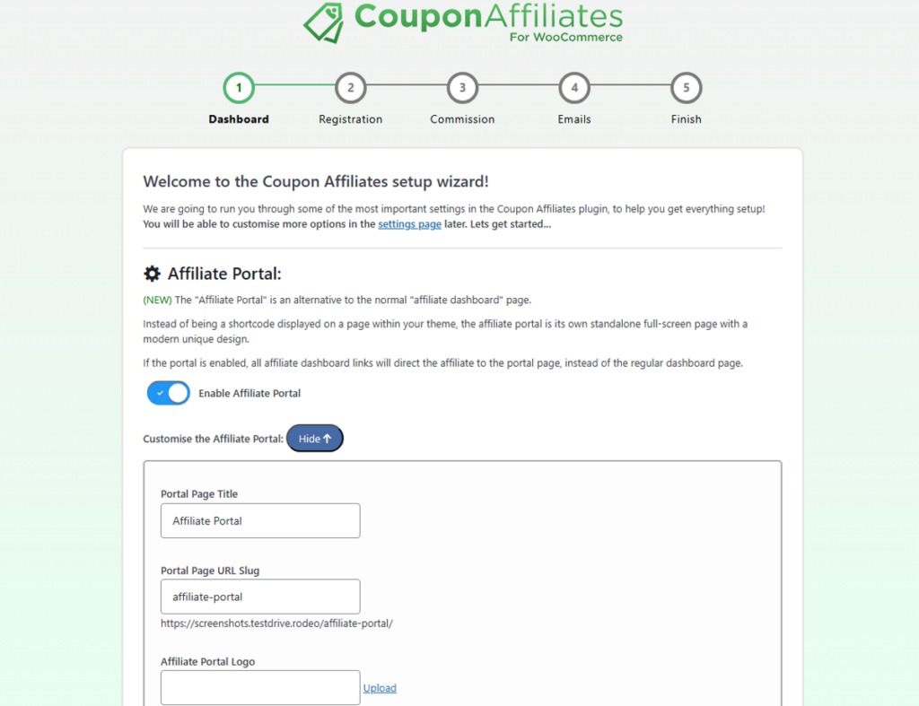 enable affiliate portal in the setup wizard