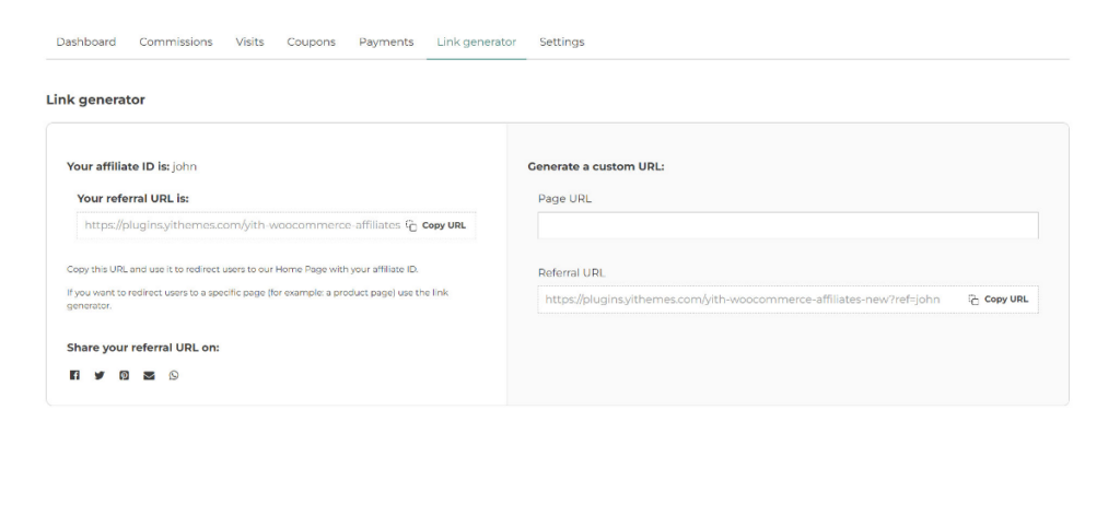 link generator YITH WooCommerce Affiliates