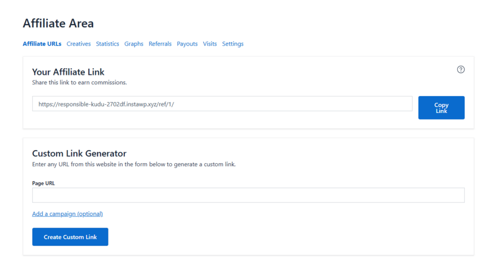 Affiliate area dashboard