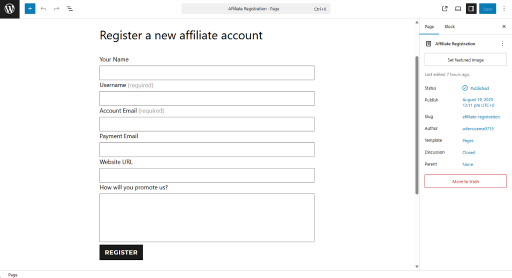 affiliate registration form