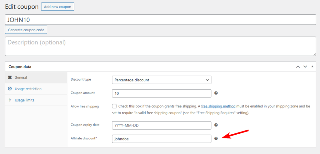 affiliatewp WooCommerce coupon