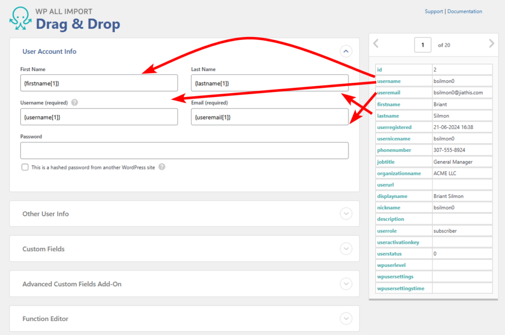 Drag and Drop to Map Fields WP All Import