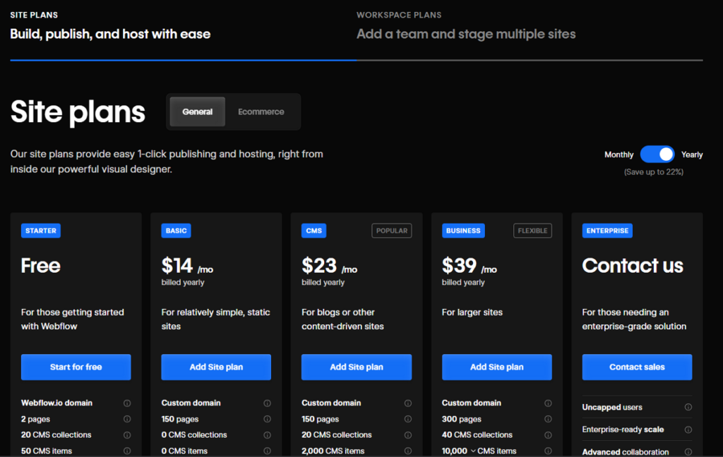 Webflow pricing plans
