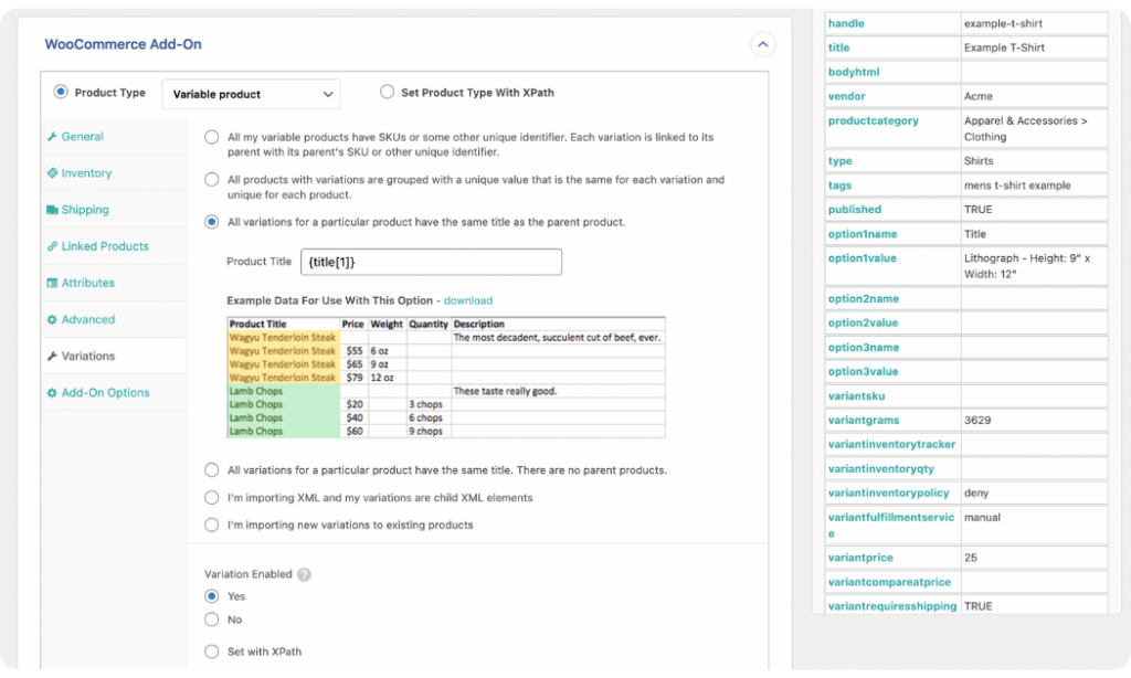 map Shopify product variations data