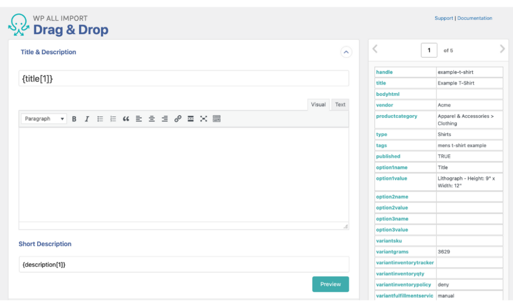 map shopify product data from the table