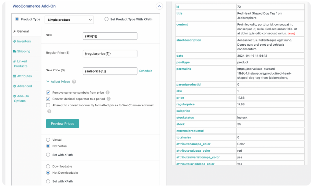 Map product data to WooCommerce add-on panel