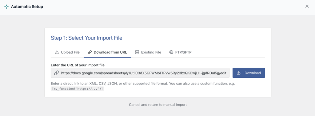 paste the google sheet url in WP All Import