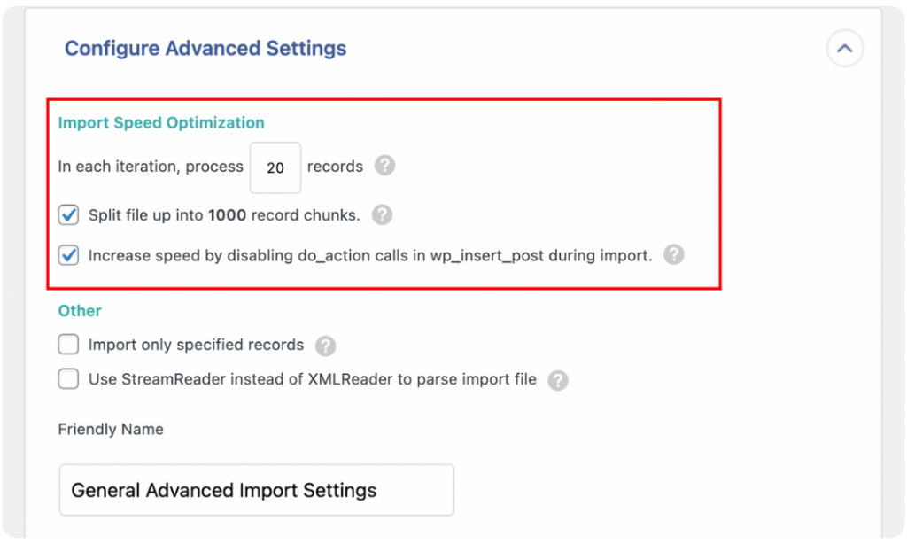 product import speed optimization settings in WP All Import