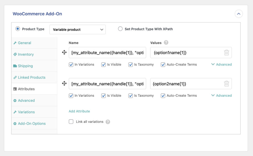 Map Attributes Tab Variable Products from Shopify