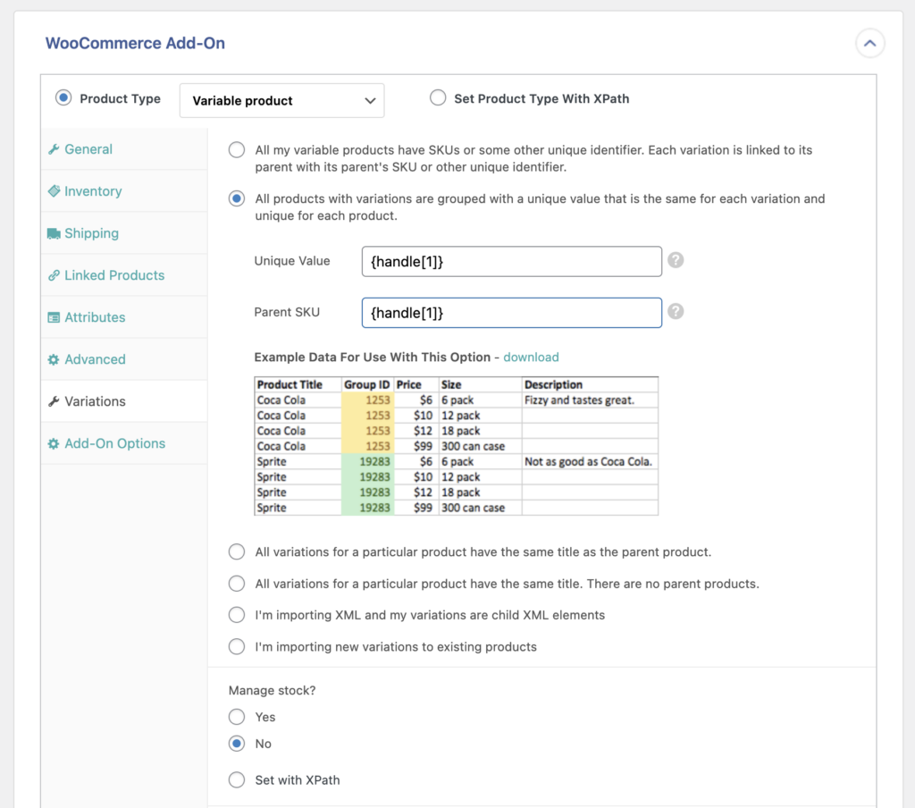 Map Variations Tab Import Variable Products from Shopify