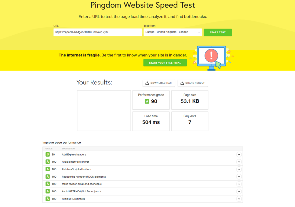 Kadence website speed test